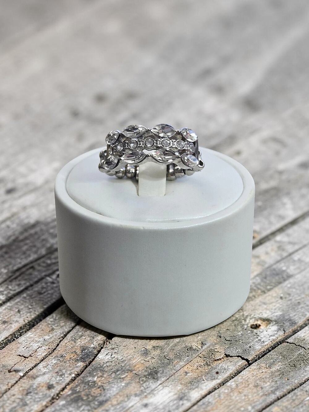 Clear Rhinestone Silver Metal Stretchy Ring One Size Adjustable